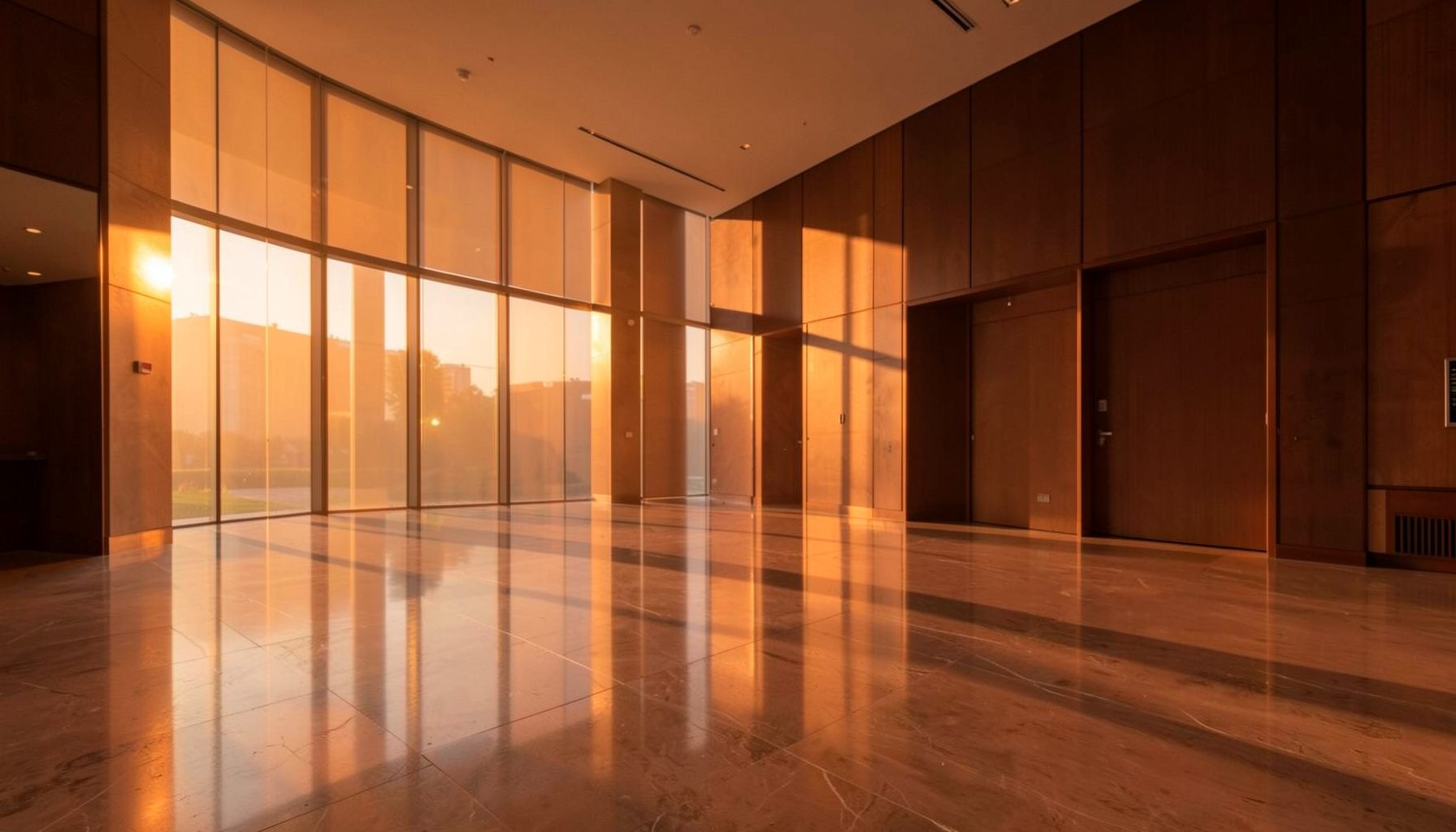 A sleek corporate lobby with polished stone floors and warm interior lighting, empty and quiet in the late afternoon.