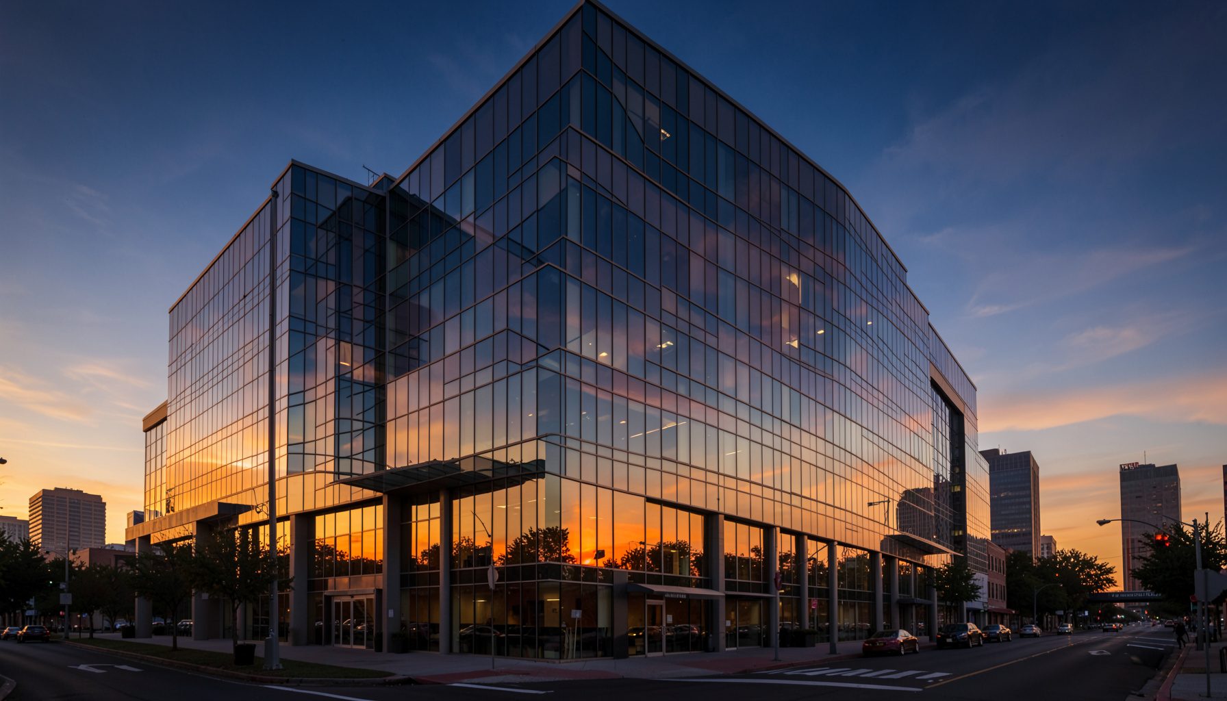 A modern glass office building in downtown Austin at golden hour, warm amber light reflecting off the windows, deep blue sky with soft clouds.