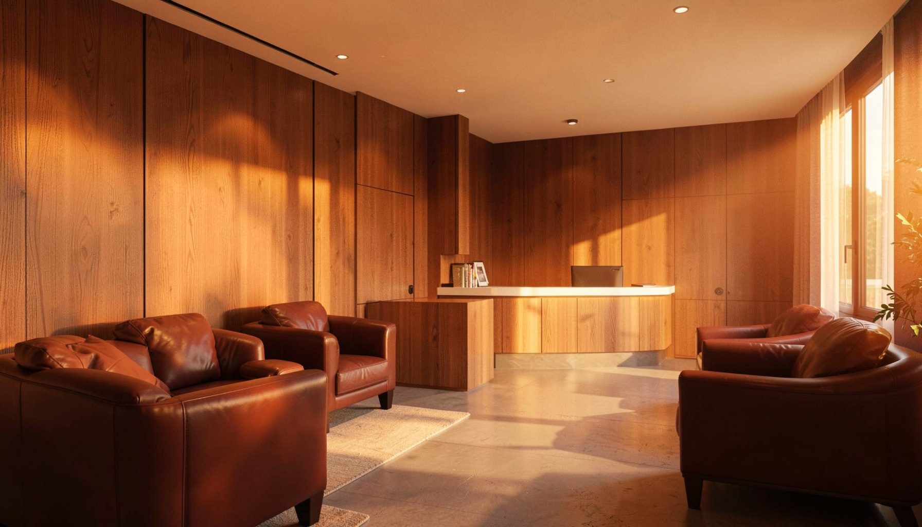 A modern law office reception area with warm wood paneling, a leather seating arrangement, and soft ambient lighting.