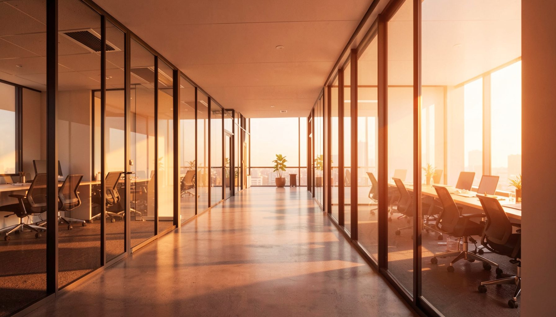 A contemporary office hallway with glass-walled conference rooms, soft daylight streaming through floor-to-ceiling windows.