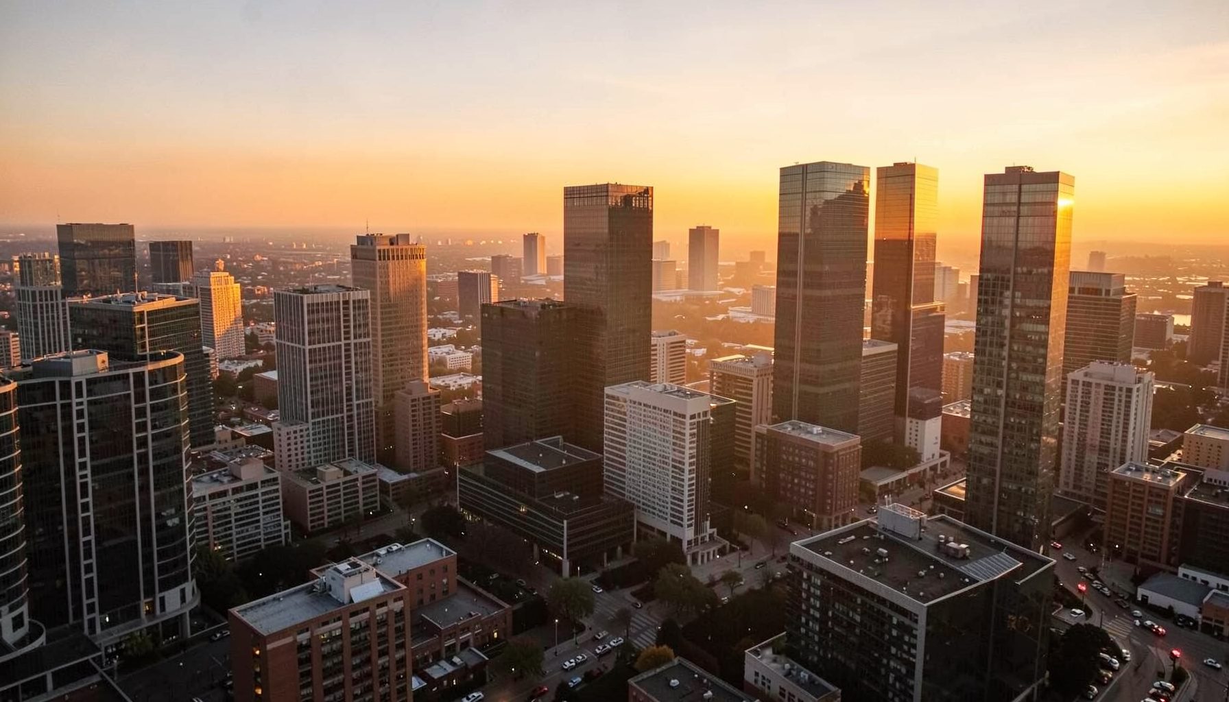 A downtown Austin skyline view from a high-rise office, warm sunset tones across the city, glass buildings catching the last light.