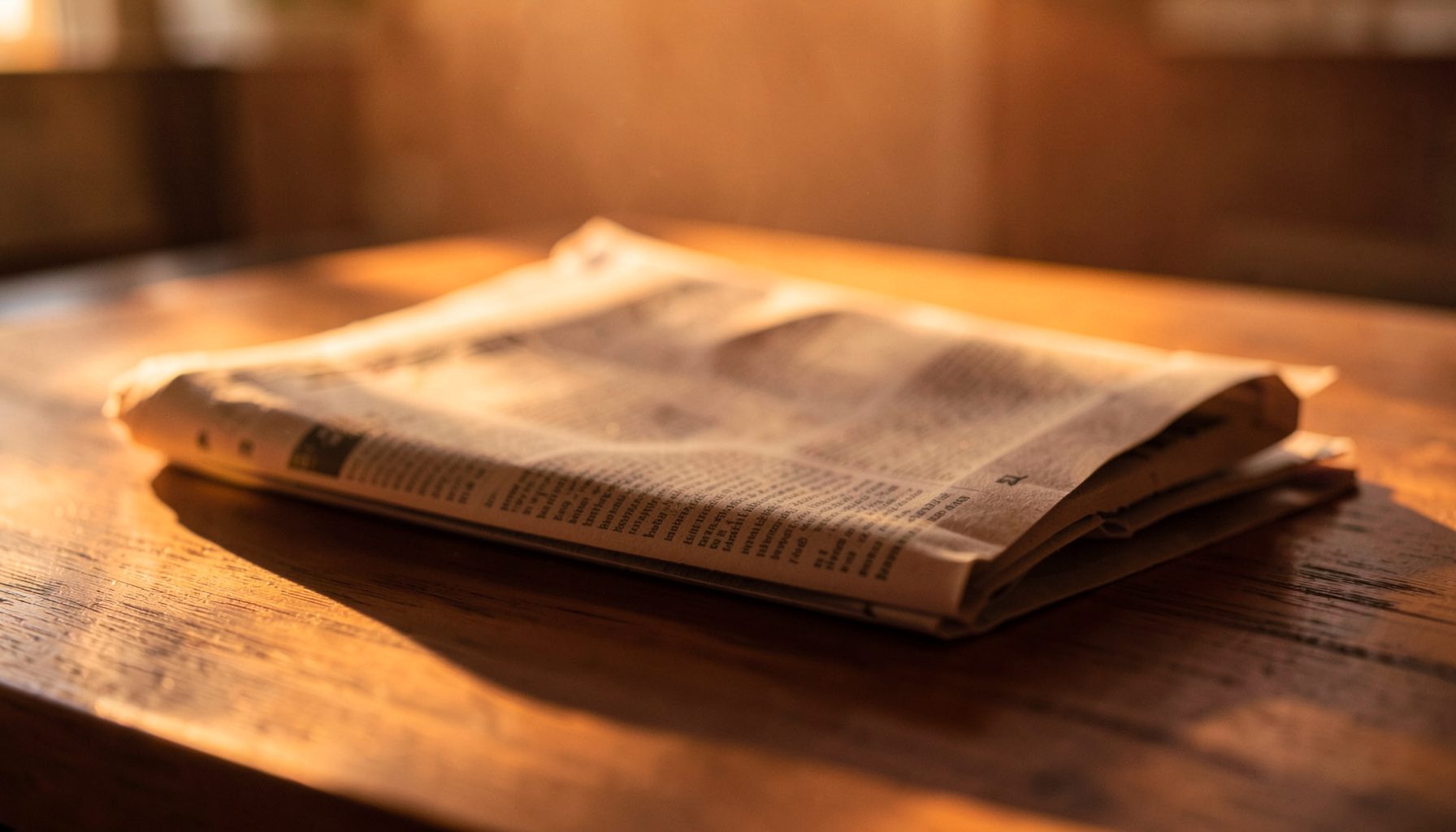 A close-up of a newspaper folded on a wooden desk in warm golden-hour light, with soft shadows and a muted, professional atmosphere.